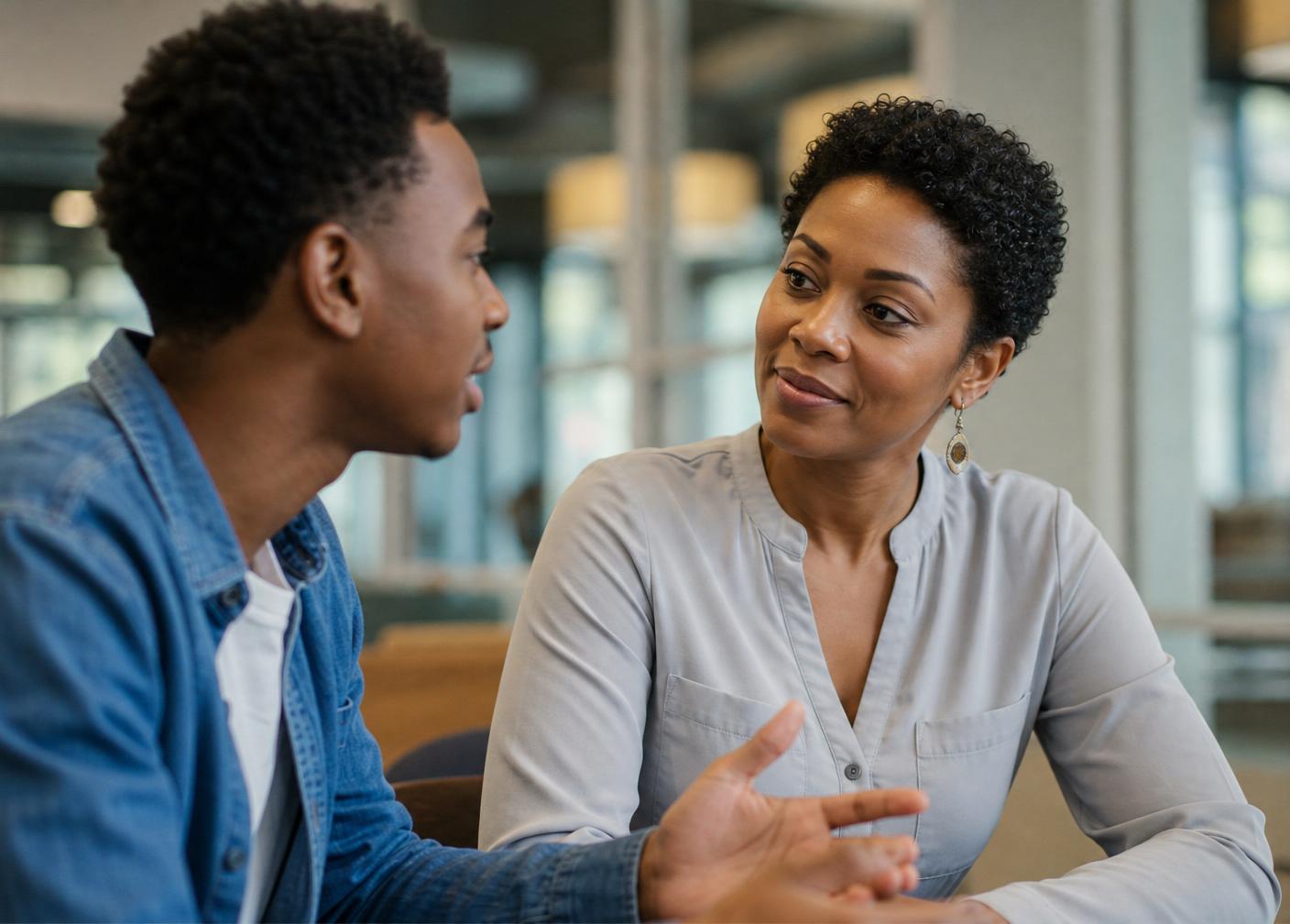 A mentor and mentee in warm conversation
